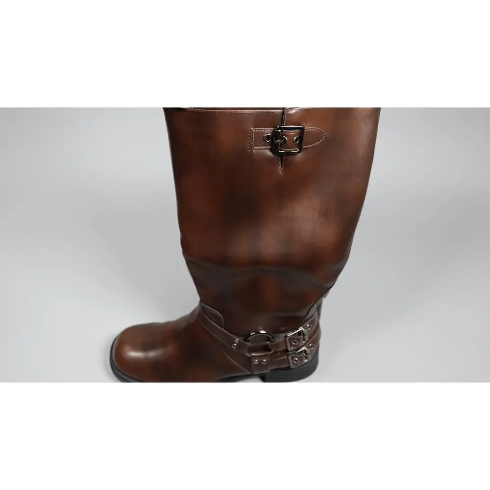 AMINUGAL Brown Knee High Boots Women Wide Calf Buckle Riding Boots Size 9.5
